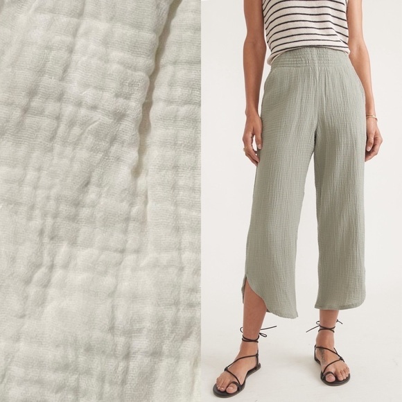 NWT MARINE LAYER Ivory Crinkle Cotton‎ Smocked High Rise Wide Leg Cropped Pant S - Picture 2 of 7